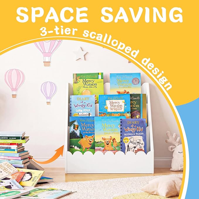 BALAPET Scalloped Book Shelf for Kids, 3-Tier Wooden Bookshelf Perfect Height for 1-5 Years Toddler, Durable Bookcase Book Organizer for Nursery Room(White,16.5 * 16.5 * 10.6in)