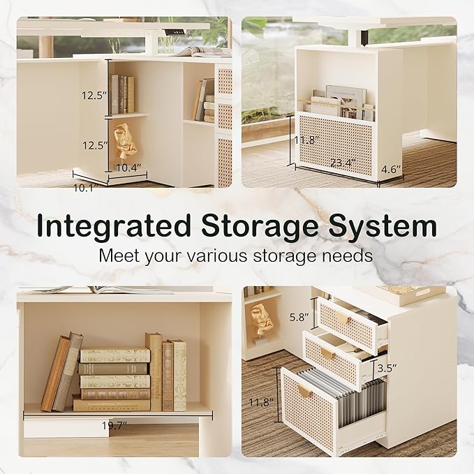 ModernMate 63" L Shaped Standing Desk with Storage, Executive Height Adjustable Desk with 59" Bookshelf and Cable Management, Home Office Furniture Sets, White Rattan
