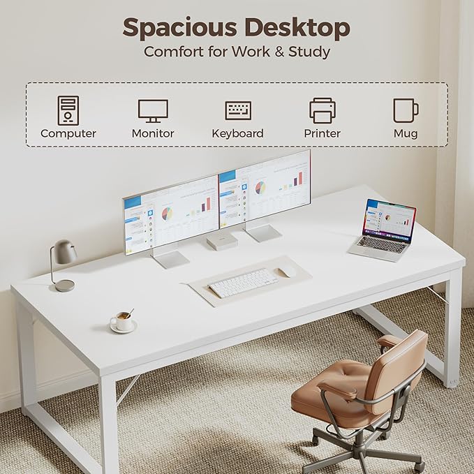 Mericonia 40 Inch Computer Desk, 1" Thick Modern Simple Study Writing Table, Heavy Duty Industrial Office Desk for Home Bedroom Workstation, White