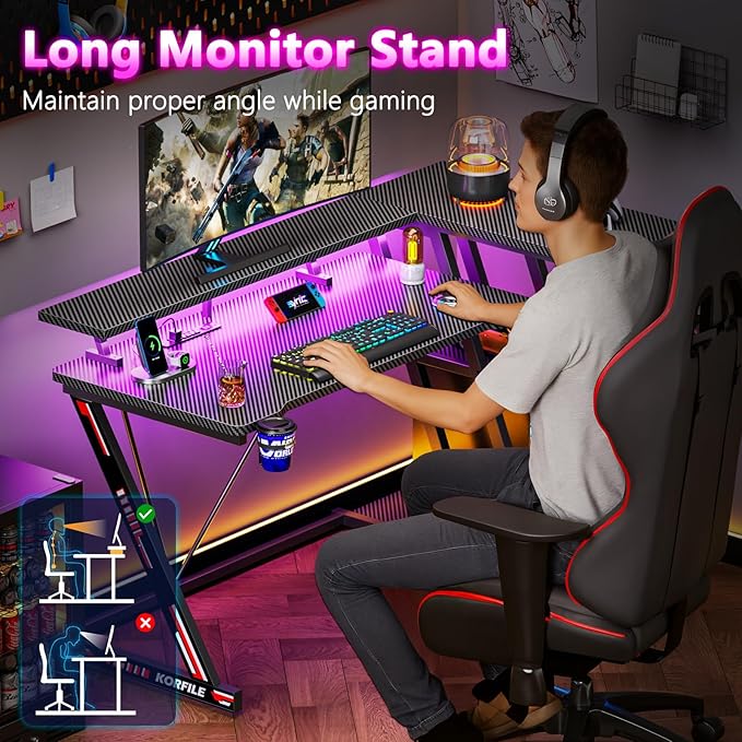 Korfile 47 Inch Gaming Desk with Power Outlet & LED Lights, Corner Computer Desk with 3 Tiers Storage Shelves, Home Office Desk with Monitor Stand for Small Space, Carbon Fiber Black