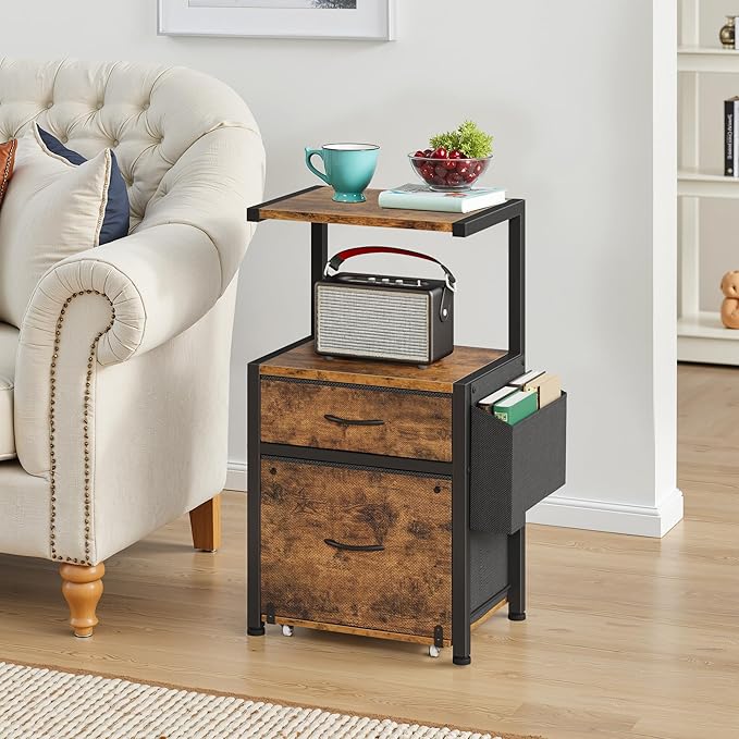 HIGDBFE Filing Cabinet with 2-Tier Printer Shelves, 2 Fabric Drawers File Cabinet with Side Bag&File Drawer for A4/Letter Size, Printer Stand with Storage for Home Office, Rustic Brown, 16.5" W