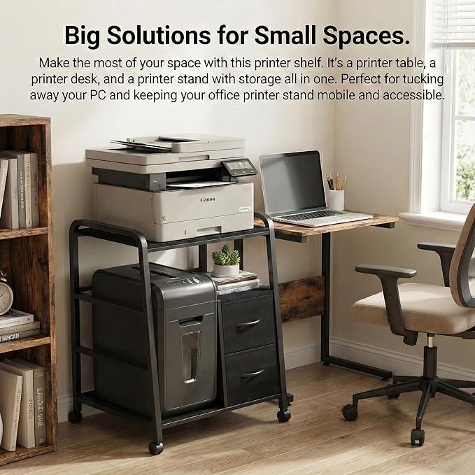 Printer Stand Featuring Fabric Drawers, Under Desk Host Computer Cabinet and Shredder Shelf, Heavy Duty Printer Stand with Storage Workstation Organization Printer Table for Home Office