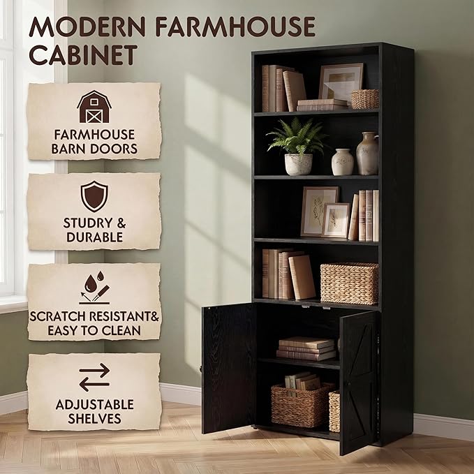 YESHOMY Farmhouse Bookshelf and Bookcase with Doors, Industrial Bookshelves and Bookcases Floor Standing Display 6-Tier Shelf Storage Shelves 71.5 inchs for Home Office, Living Room, Black, 1 PCS