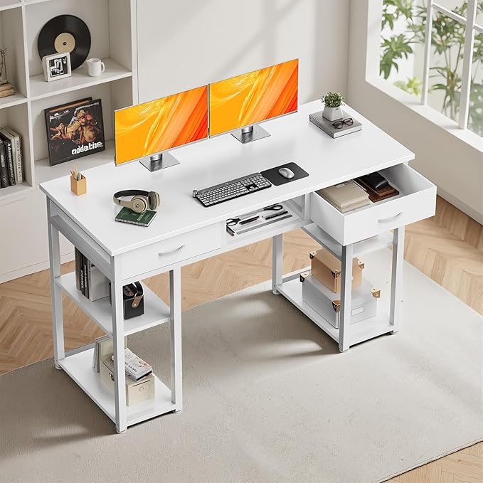 DUMOS 48" Small Computer Home Office Desk for Bedroom with Drawers, Gaming Writing Study Table with Storage Shelf, Adjustable Feet, Metal Frame White