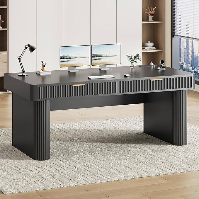 SEDETA Office Desk with 2 Drawers, 59" Fluted Computer Desk with Storage and Power Strip, Wood Executive Desk, Writing Desk for Home Office, Living Room, Bedroom, Black