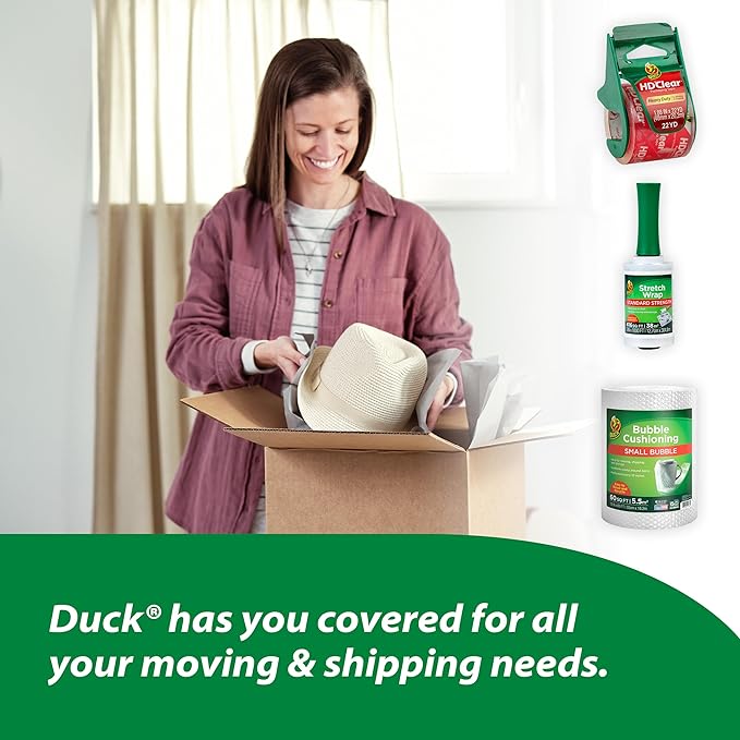 Duck HD Clear Packing Tape Dispenser Heavy Duty Packaging Tape Gun for Packing Boxes, Shipping and Moving - Includes 1 Refill Roll of HD Clear 1.88 In. x 50 Yards - Foam Handle (287398)