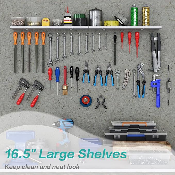 Pegboard Shelves, White 16" x 6" Large Peg Board Racks 2Pack Wall Organizer Shelf, 1/4 inch Heavy Duty Metal Brackets Fit All Pegboards, Wood Slats, Craft Garage Workbench Office Shelving Accessories
