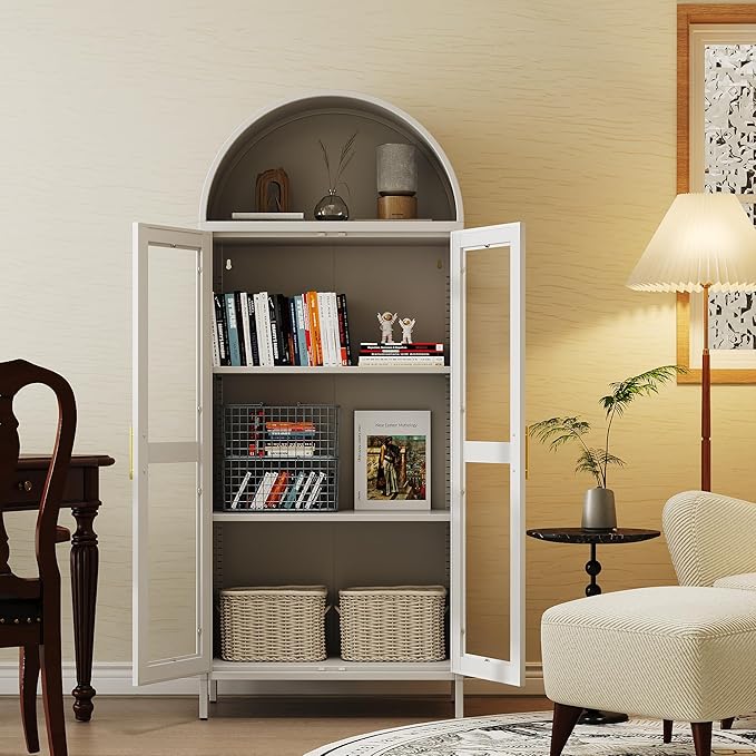 VEXPOR 73" Tall Arched Display Cabinet with Glass Doors, Metal Arched Curio Cabinet with 2 Adjustable Shelves for Living Room, Home Office, Assembly Required, White