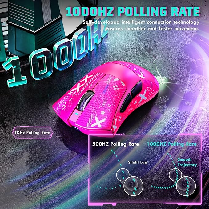 MAMBASNAKE Attack Shark V3 Wireless Gaming Mouse,Adjustable 25K DPI PAW3311 Optical Sensor,Ergonomic 62g Lightweight 5 Programmable Buttons 500mAH Battery,2.4G/BT/USB-C Wired for PC/Mac-Red&Griptape
