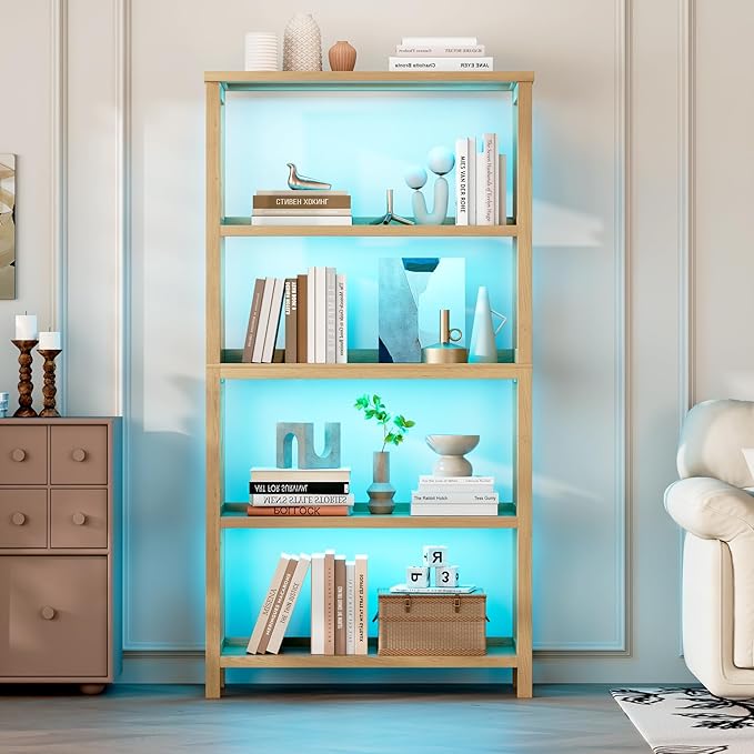 Vlsrka Wooden Bookshelf with Lights, 5 Tier Bookshelf with Storage, Tall Bookcase with Open Shelves, Standing Bookshelves Display Rack for Living Room, Home Office, Brown