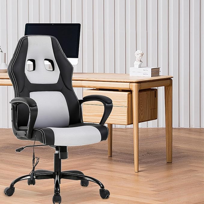 PayLessHere Gaming Chair Office Chair with Support Adjustable Ergonomic Pu Leather Racing Lumbar Massage Headrest Armrest Task 360° Swivel Computer Chair for Women Men Adults，White