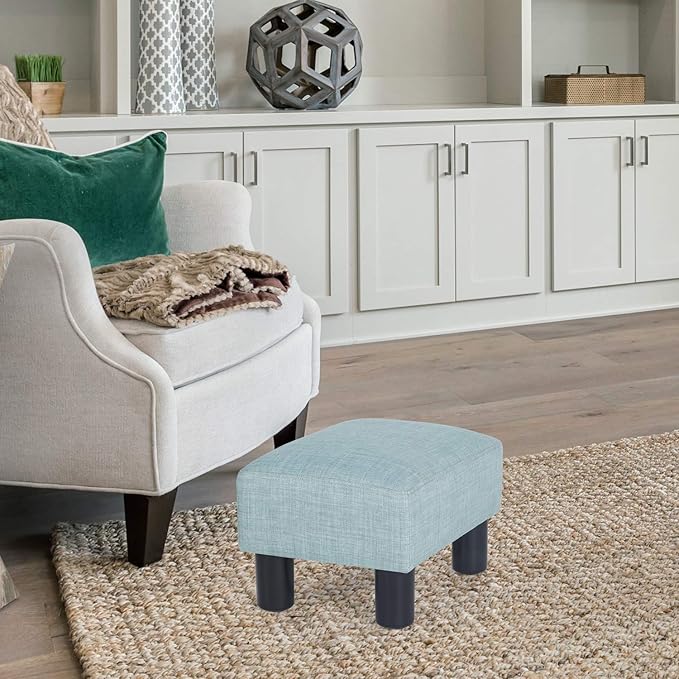 Linen Ottoman Footrest, Small Stool with Plastic Legs, Light Blue