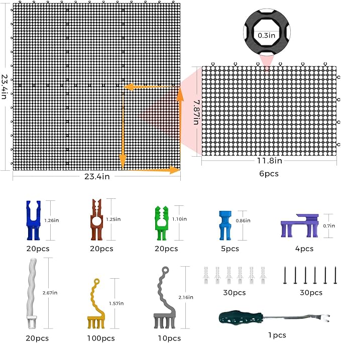 Pegboard Kit: 6 Panels (90x40cm/36x16in, Black) + 200 Hooks & Accessories, Heavy Duty Rustproof Plastic Peg Board for Home, Garage, and Craft Room Tool Storage