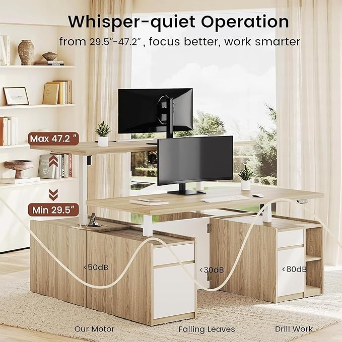 ModernMate Furniture Set, 70.8'' Executive Standing Desk with 71'' Tall Bookcase, AC/USB, File Cabinet, Double-Sided Narrow Display Shelves, Home Office Wood Storage Furniture, Light Walnut