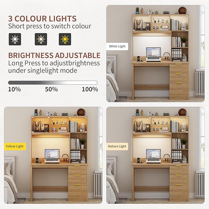 Lvifur LED Study Desk with Hutch & Storage Cabinet, 47" Home Office Desk with Outlet and 3 Color LED, Writing Desk for Bedroom, Computer Desks for Studyroom, Ideal for Office Set, Natural