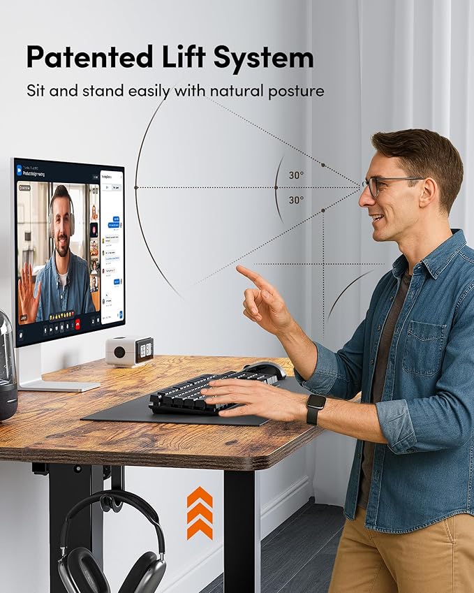FEZIBO Standing Desk, 63×28 Inches Electric Height Adjustable, Sit Stand Up, Computer Office Desk with Splice Board, Black Frame/Rustic Brown TOP