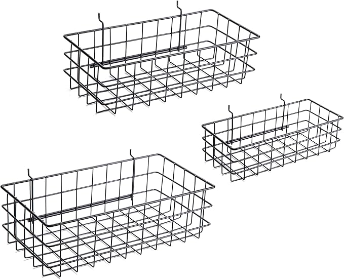RightArrange Pegboard Baskets, Set of 3 Black - Hooks to Any Peg Board - Square Style Baskets Hold More - Organize Tools, Workbench, Accessories, Garage Storage - Wall Organizer Attachments