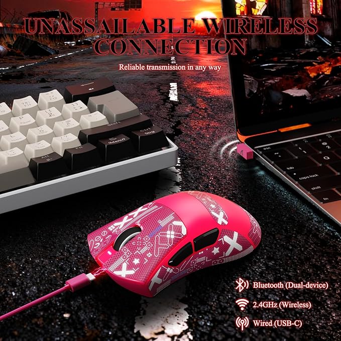 MAMBASNAKE Attack Shark V3 PRO 62g Superlight Wireless Gaming Mouse,RGB Charging Dock,BK52820 Tri-Mode BT/2.4G Wireless/Wired Mouse with Grip Tape,25000DPI,5 Programmable Buttons for Pc/Mac,Red PRO