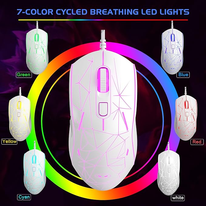 MageGee G6 Wired Gaming Mouse, Ergonomic USB Optical Mouse with 7 Colors Breathing LED Backlit, 6 Adjustable Speed Levels from 600 to 3200 for Laptop PC Computer Games & Work, White