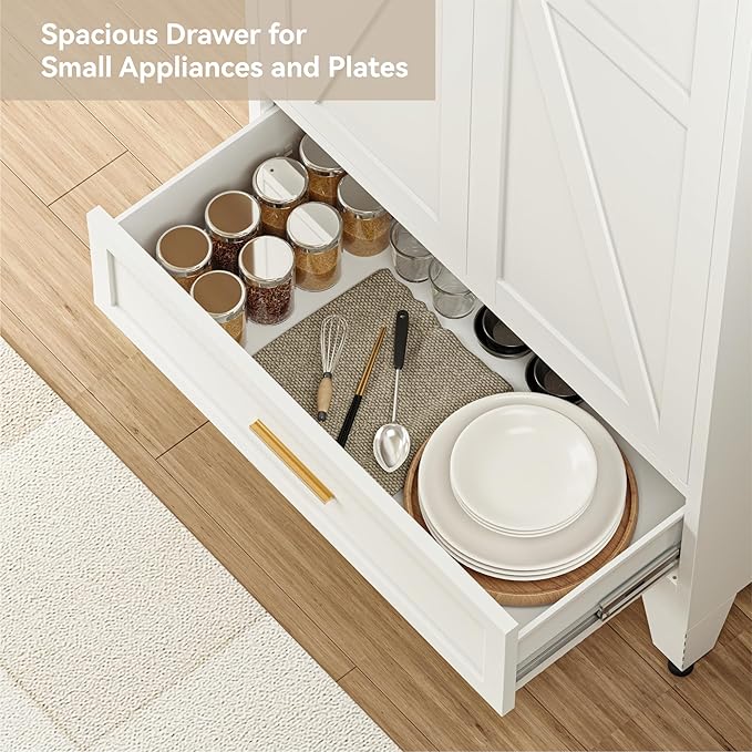 Washsemba 71 "Farmhouse Metal Filing Cabinet with a Drawer and 4 Adjustable Shelves, with 2 Large barn Door White Kitchen Cabinets, Metal Food Cabinets for Home, Kitchen, Dining/Living Room (White)