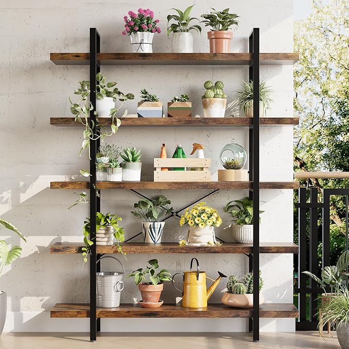OtterOasis Bookshelf Set of 2, Heavy Duty 5-Tier Industrial Bookcase, 47" Wide Wood Bookshelf for Home Office, 120lbs Shelf Capacity, Rustic Open Display with Horizontal Shelf for Living Room Bedroom