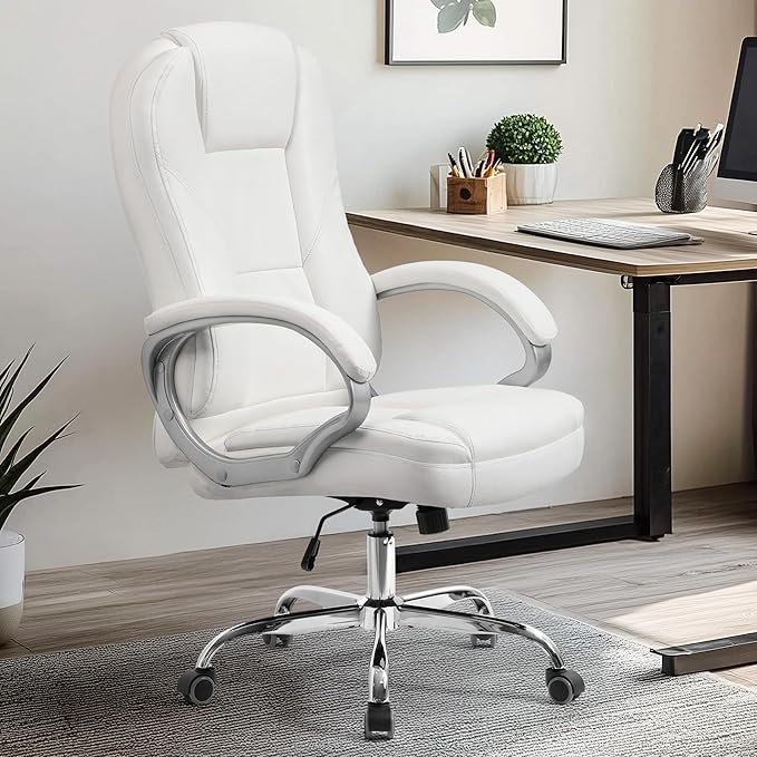 NEO Chair Office Desk Ergonomic Gaming Computer Chair High Back Adjustable PU Leather with Lumbar Support, Swivel Rolling Wheels, Executive Managerial Task Chair (White)