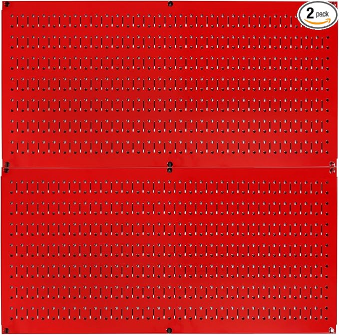 Wall Control Pegboard Rack Horizontal Metal Pegboard Garage Tool Storage Pack - Two 32-Inch Wide x 16-Inch Tall Easy To Install Peg Boards (Red)