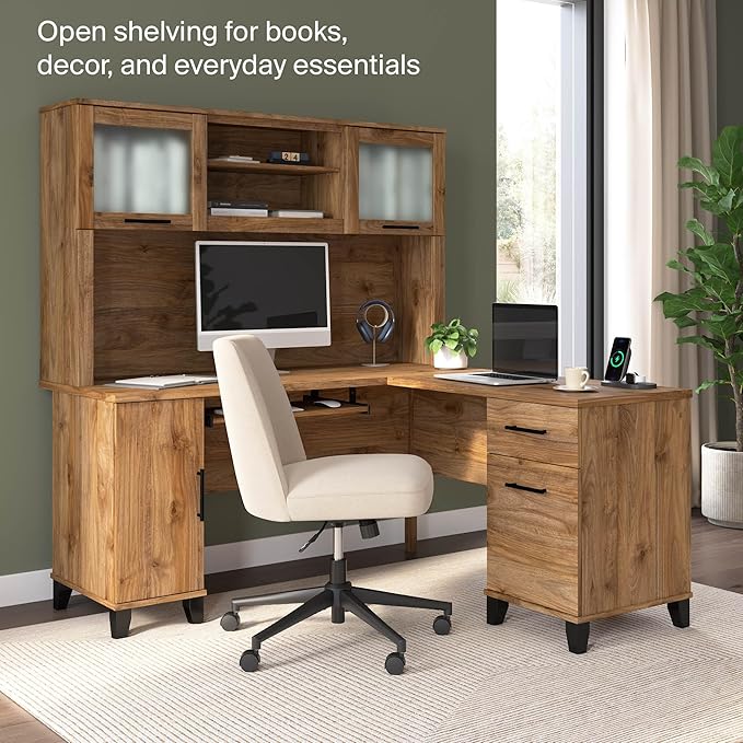 Bush Home 60-Inch Desk Hutch, Office Storage Organizer with Shelves, Cubbies and Frosted Glass Doors for Computer Desk, Home Office Furniture, Somerset Collection, Fresh Walnut