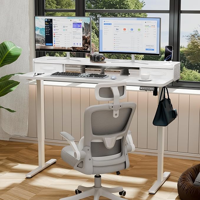 YESHOMY 55" x 23" Electric Standing Desk with 2 Drawers, Height Adjustable Computer Desk, Low Noise Home Office Stand Up Desk with 2 Preset Heights & 2 Hooks, White