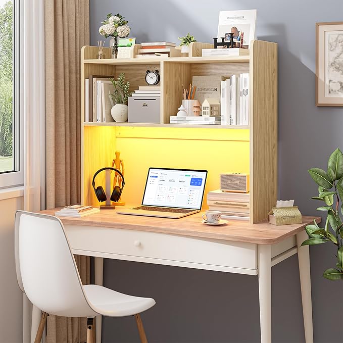 REIBII Desk Hutch Dorm for Computer Monitor Up to 27", Dorm Desk Hutch Top Only with RGB Light Strip, Wooden Desktop Bookshelf with 6 Shelves, 3-Tier Desktop Shelf for Home Office Dorm, Wood Color