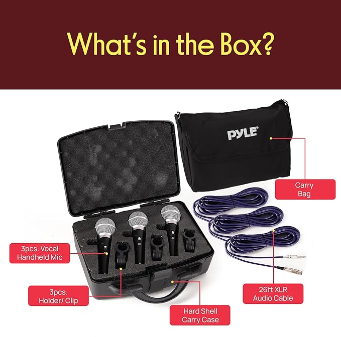 Pyle 3 Piece Professional Dynamic Microphone Kit Cardioid Unidirectional Vocal Handheld MIC with Hard Carry Case & Bag, Holder/Clip & 26ft XLR Audio Cable to 1/4'' Audio Connection (PDMICKT34),Black