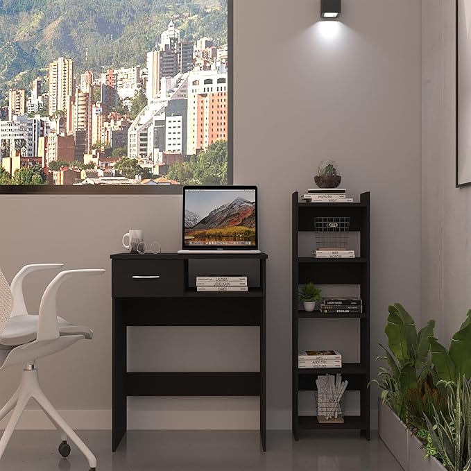 Penau Compact Home Office Set with Desk and Bookcase Combo, One Drawer, Five Shelves, Black Finish, Perfect for Laptop Workstation