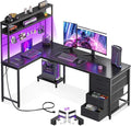 AODK L Shaped Desk Gaming Desk with LED Light & Power Outlet, 59 Inch Reversible L Shaped Computer Table with 4 Drawers for Home Office, Black
