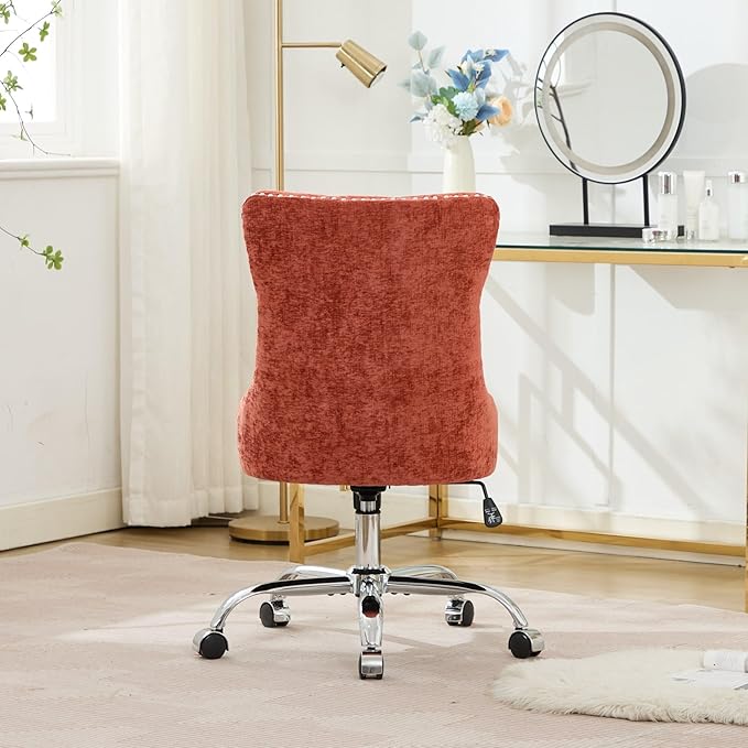 Goujxcy Desk Chair, Modern Chenille Upholstered Tufted Button Home Office Chair, 360° Swivel Armless Desk Chairs, 120°Rocking Ergonomic Computer Task Vanity Chairs, Orange