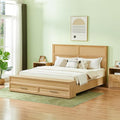 King Size Bed with 3D Geometric Headboard & Storage Bench - 4-Drawer Storage, Modern Bedroom Furniture,Oak. The 3D geometric grid pattern on the headboard exudes modern charm, blending refinement wi