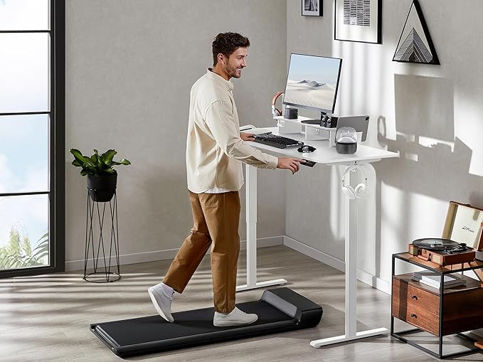 WALKINGDESK 63x24 Inches Electric Standing Desk with Drawer and Monitor Stand, Height Adjustable Sit to Stand up Desk for Home Office, Ergonomic Computer Table with Phone Holder, 3 Hooks, White