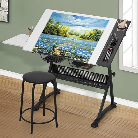 MoNiBloom Art Deco Drafting Table, Height-Adjustable, Tiltable Tabletop, Stool for Reading Writing Painting, Homeschooling Desk for Children with 2 Storage Drawers