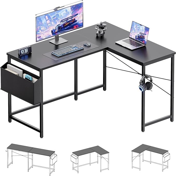Pamray 47 Inch Reversible L Shaped Gaming Desk Corner Computer Desk with Storage Bag Home Office Table for Writing Study Black
