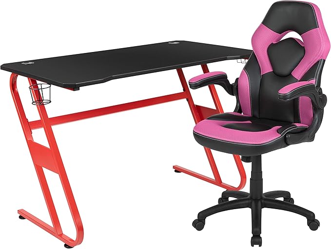 Flash Furniture Red Gaming Desk and Pink/Black Racing Chair Set with Cup Holder and Headphone Hook