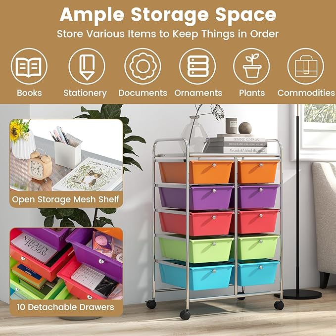 Moccha 10-Drawer Rolling Storage Cart - Storage Drawers Organizer with wheels for Craft Art Supply Paper Salon, Scrapbook Paper Tools, Under Desk Cabinet on Wheels for Classroom Office Home School