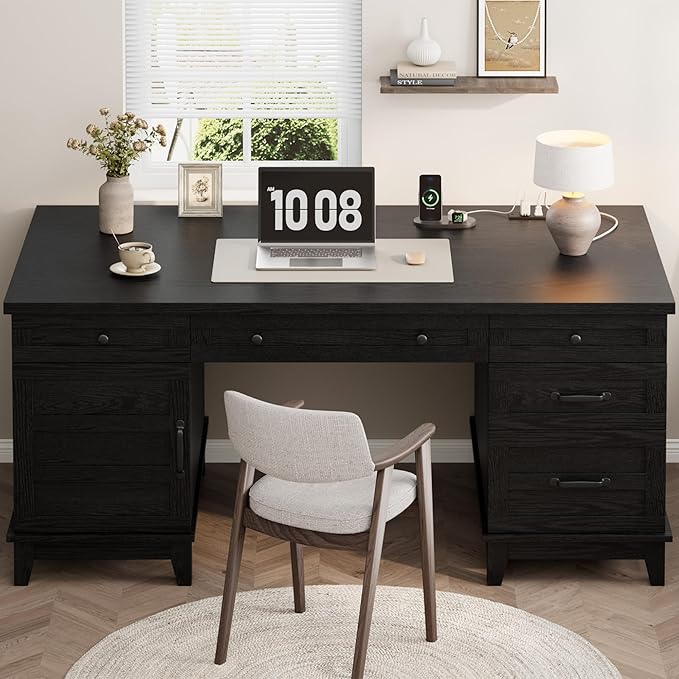 IDEALHOUSE Farmhouse Executive Desk 60 Inch, All-in-One Home Office Table with Built-in Charging Port, Rustic Wooden Computer Desk with File Drawers for Work, Rustic Black
