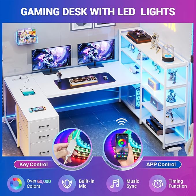 SEDETA L Shaped Office Desk with Drawers, 64.5" Reversible Computer Desk with Storage Shelves and Power Outlet, Corner Gaming Desk with LED Strip for Home Office, White