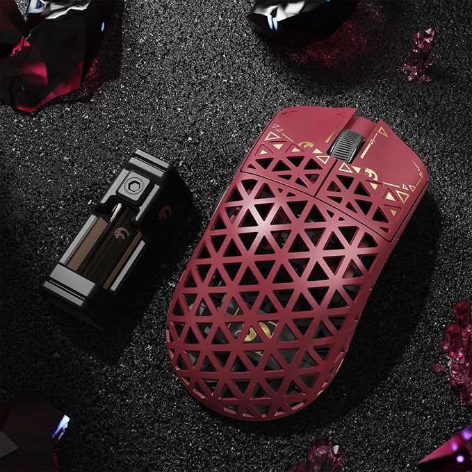MAMBASNAKE M5 Ultra Carbon Fiber 8000Hz Wireless Gaming Mouse, 39g Superlight, 42000DPI, PAW3950MAX Sensor, Nordic 52840 Chip, Bluetooth/2.4G/USB-C Wired Mice with Coiled Cable for PC/Mac (Red)