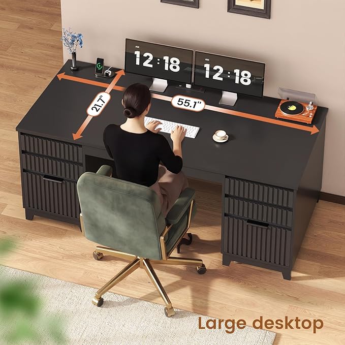 SEDETA 55.1" Fluted Office Desk with 6 Drawers, Modern Executive Desk with Acrylic File Drawers, Computer Desk with Power outlets for Home Office and Study (Black)