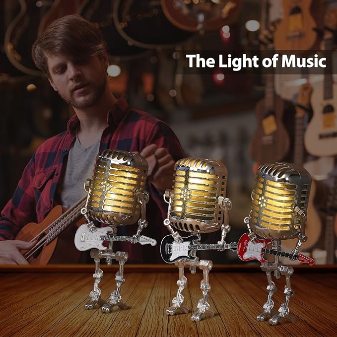 Vintage Microphone Guitar Robot Lamp, Music Gifts for Men, Cool Gifts for Music Lovers, Vintage Light Home Decor Nightstand Desk Lamp for Bedroom, Music Studio (Yellow)