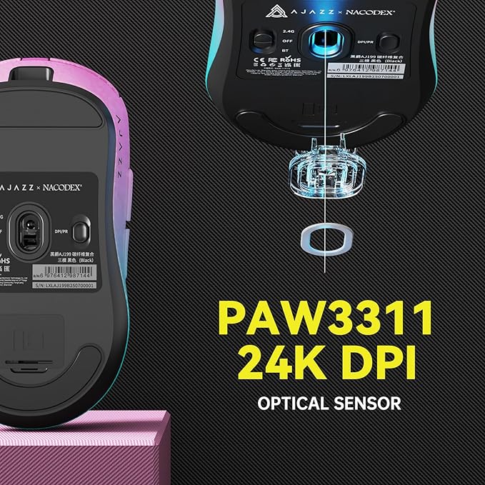 Ajazz AJ199 Wireless Gaming Mouse Ultra-Lightweight 55g Tri-Mode Connection 24000 DPI PAW3311 Sensor Carbon Fiber Shell 500mAh Battery 1K Polling Rate Durable & Anti-Slip Design Black Gradient Purple