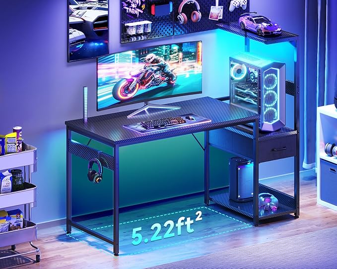 Casaottima 48 Inch Gaming Desk with Storage & LED Lights, Reversible Computer Desk with Display Shelves & Fabric Drawer, Modern Gamer Desk Table with Side Headphone Hook, Carbon Fiber Black