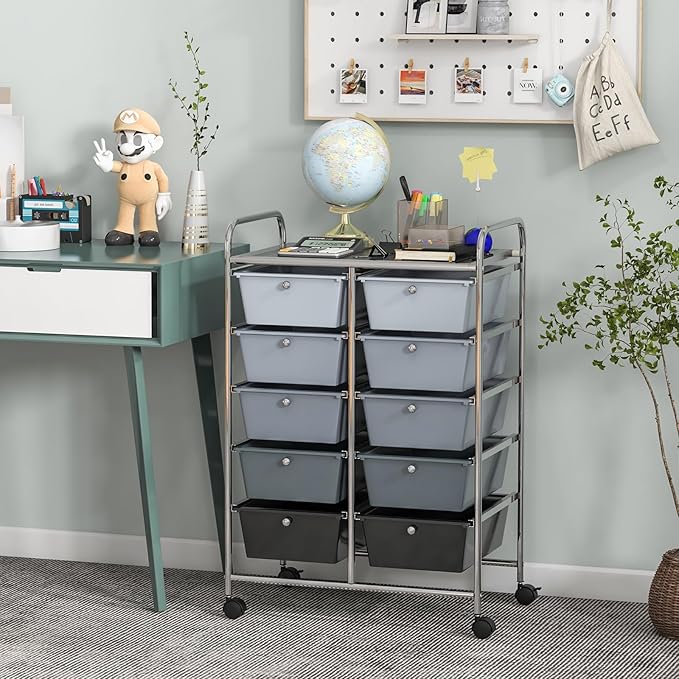 Moccha Rolling Storage Cart with 10 Drawers - Under Desk Cabinet on Wheels for Craft Art Supply Paper Salon, Scrapbook Paper Tools, Multipurpose Mobile Utility Cart for Classroom, Gradient Grey