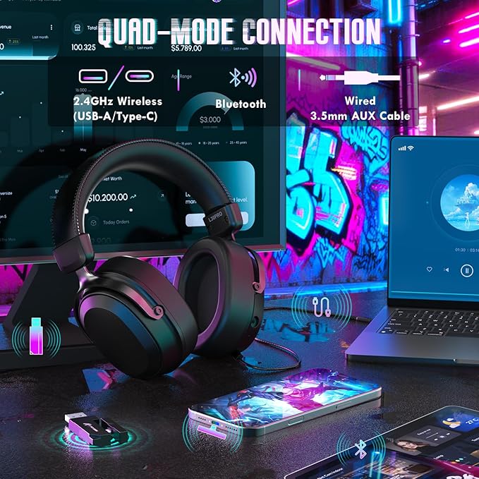ATTACK SHARK L30Pro Wireless Gaming Headset with 2.4Ghz/BT/Wired, Long Battery Life with Detachable Microphone 7.1 Surround Sound Ultra-Low Latency for PC/PS5/Xbox/Switch/Mobile Black