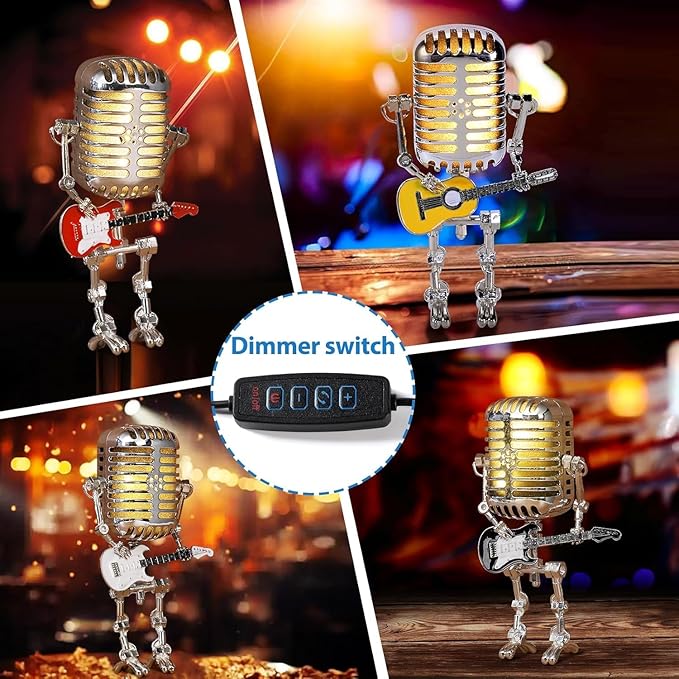 Vintage Microphone Guitar Robot Lamp, Music Gifts for Men, Cool Gifts for Music Lovers, Vintage Light Home Decor Nightstand Desk Lamp for Bedroom, Music Studio(Colorful)
